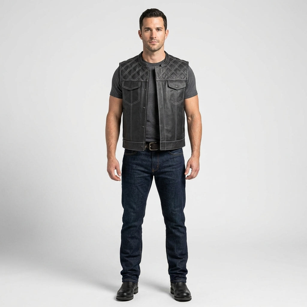 Herren Weste aus schwarzem besticktem Leder – Pelle Pelle Urban Edition