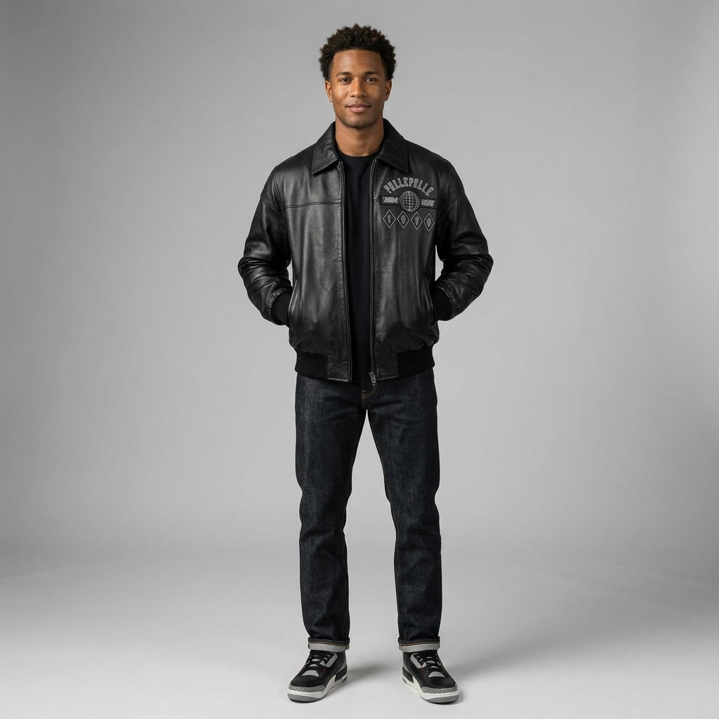 Men’s Embroidered Black Leather Jacket – Pelle Style Street Edition