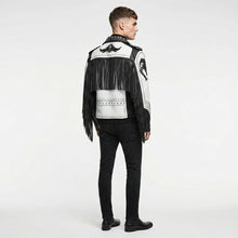 Load image into Gallery viewer, Men’s Black &amp; White Studded Cowboy Leather Jacket – Western Biker Coat
