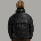 Men’s Black Faux Leather Puffer Jacket – High Neck Winter Coat