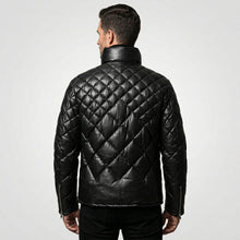 Load image into Gallery viewer, Men’s Black Lambskin Leather Puffer Jacket – Down Insulated Winter Coat
