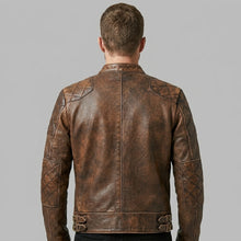 Load image into Gallery viewer, Men’s Brown Distressed Cafe Racer Leather Jacket – Vintage Biker Coat

