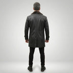 Men’s Shearling Lined Black Leather Trench Coat – Luxury Winter Overcoat