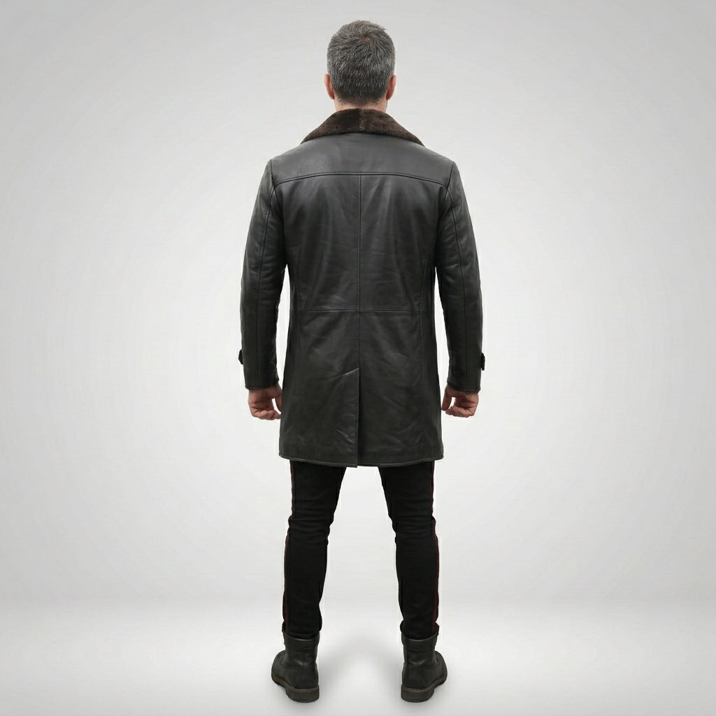 Men’s Shearling Lined Black Leather Trench Coat – Luxury Winter Overcoat