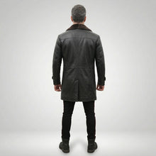 Load image into Gallery viewer, Men’s Shearling Lined Black Leather Trench Coat – Luxury Winter Overcoat
