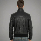 Men’s Black Leather Bomber Jacket – Simple Slim Fit Classic Casual Coat