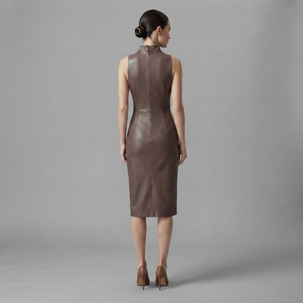 Buy Women's Brown Sleeveless Leather Dress