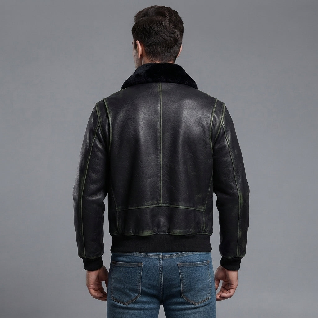 Men's Black Leather Military Jacket