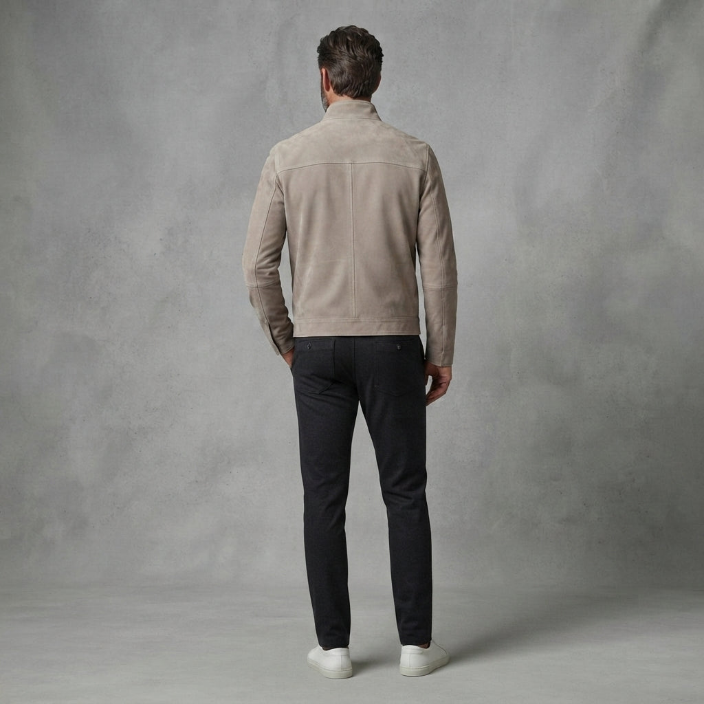 Men's Tan Suede Stand Collar Moto Jacket
