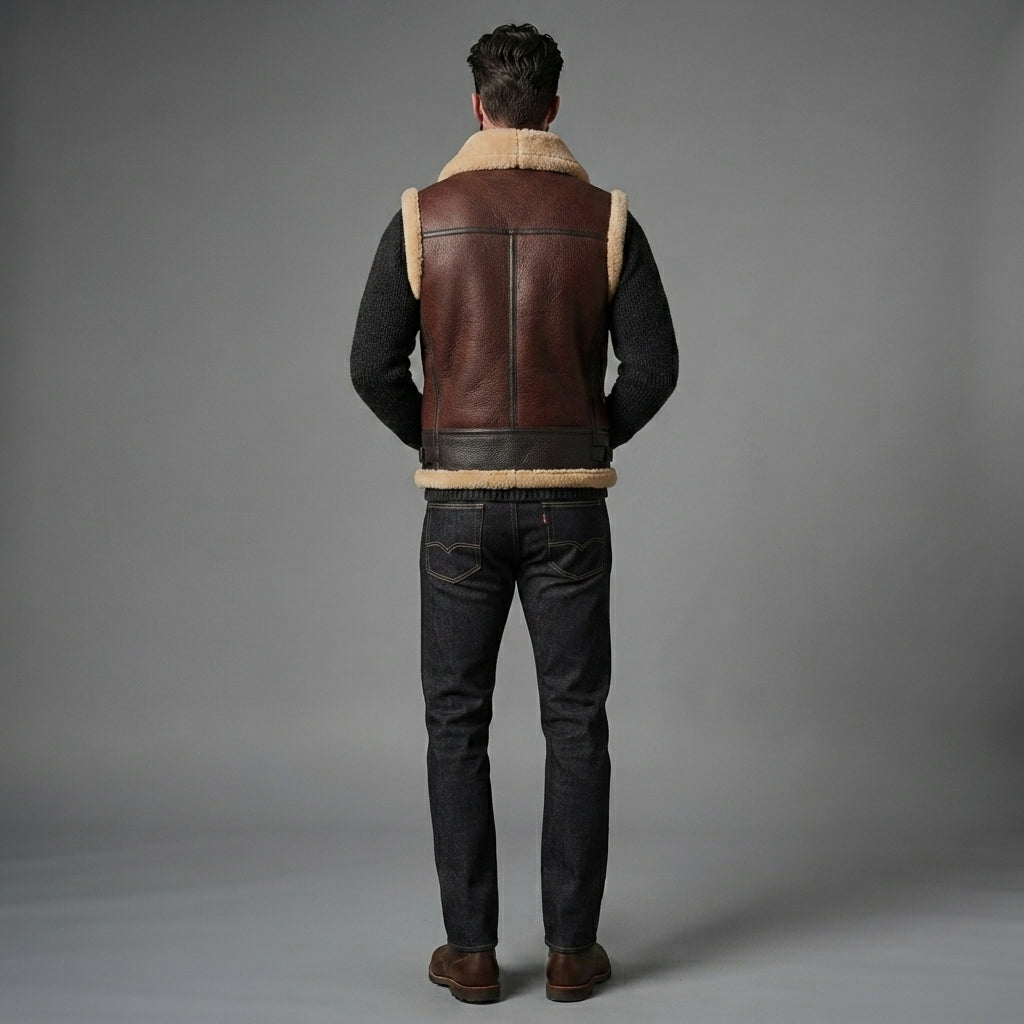 Men's Brown Shearling Leather Vest - Leather Outlet