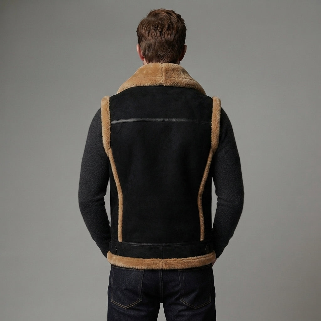 Men's Black Shearling Leather Vest - Leather Outlet