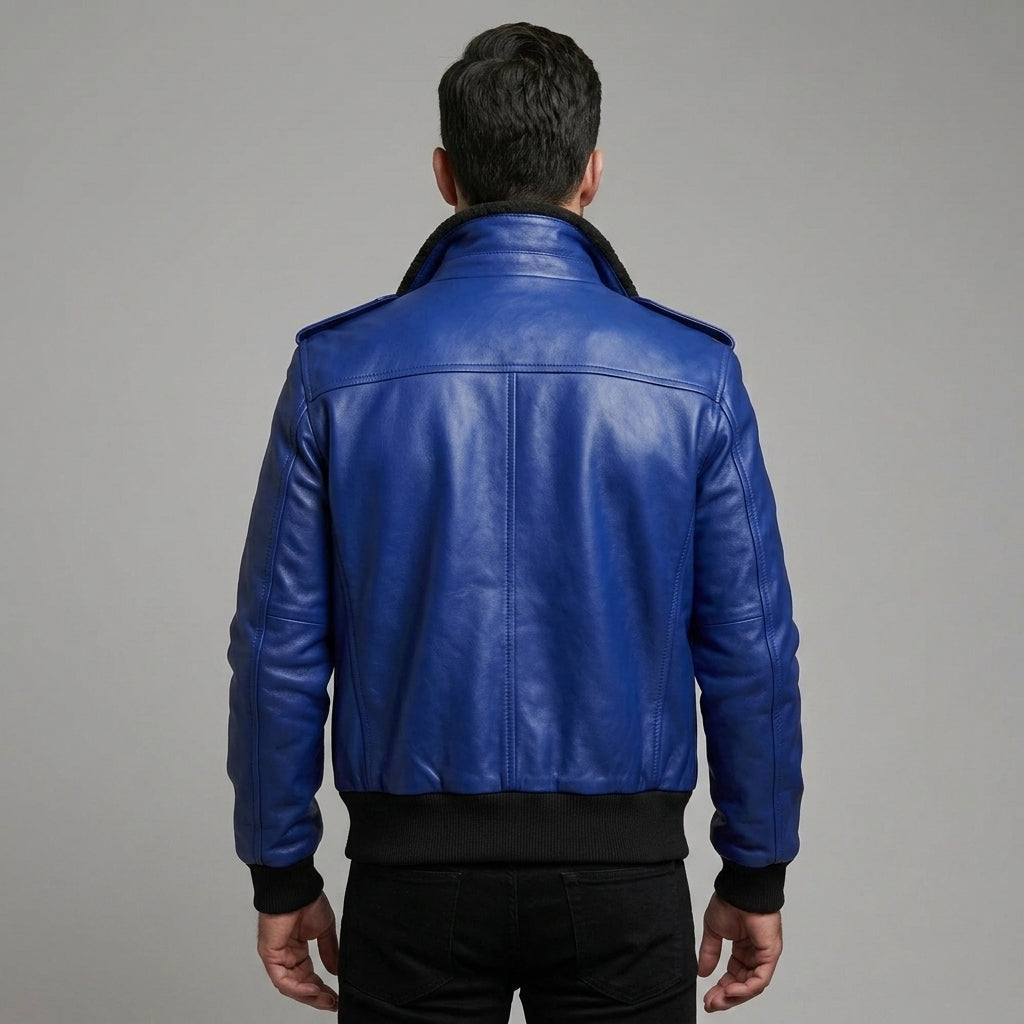 Men's Aviator Blue Leather Bomber Jacket