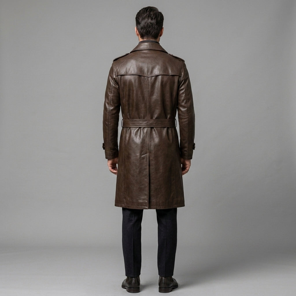 Men's Brown Leather Trench Coat