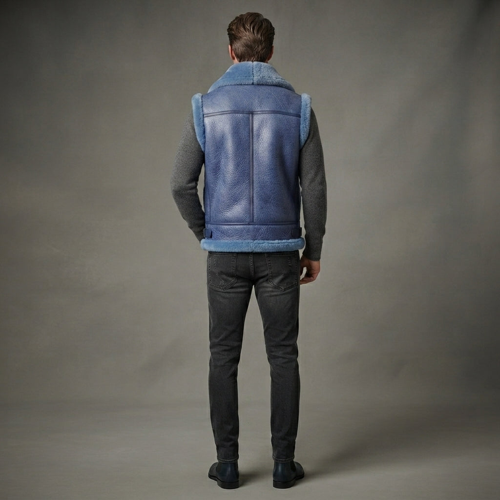 Men's Blue Shearling Leather Vest - Leather Outlet