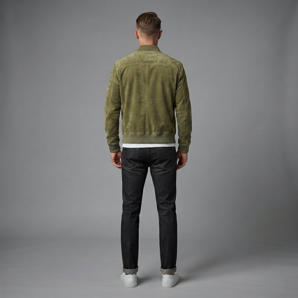 New Men's Real Olive Green Suede Leather Bomber Jacket