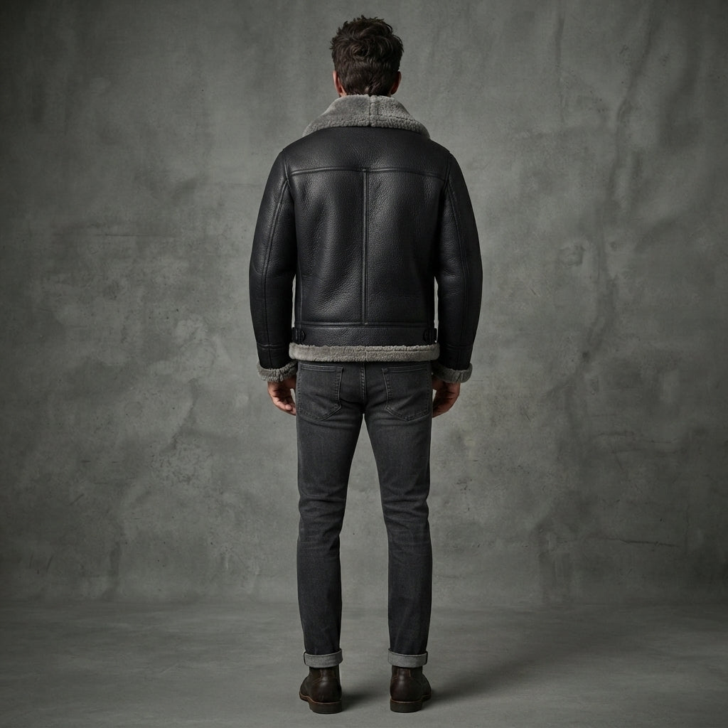 Black Shearling Leather Jacket For Men
