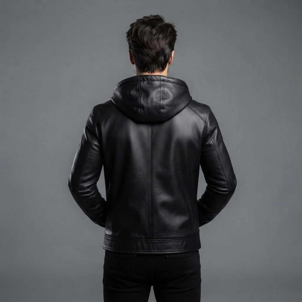 Men's Hooded Black Leather Jacket