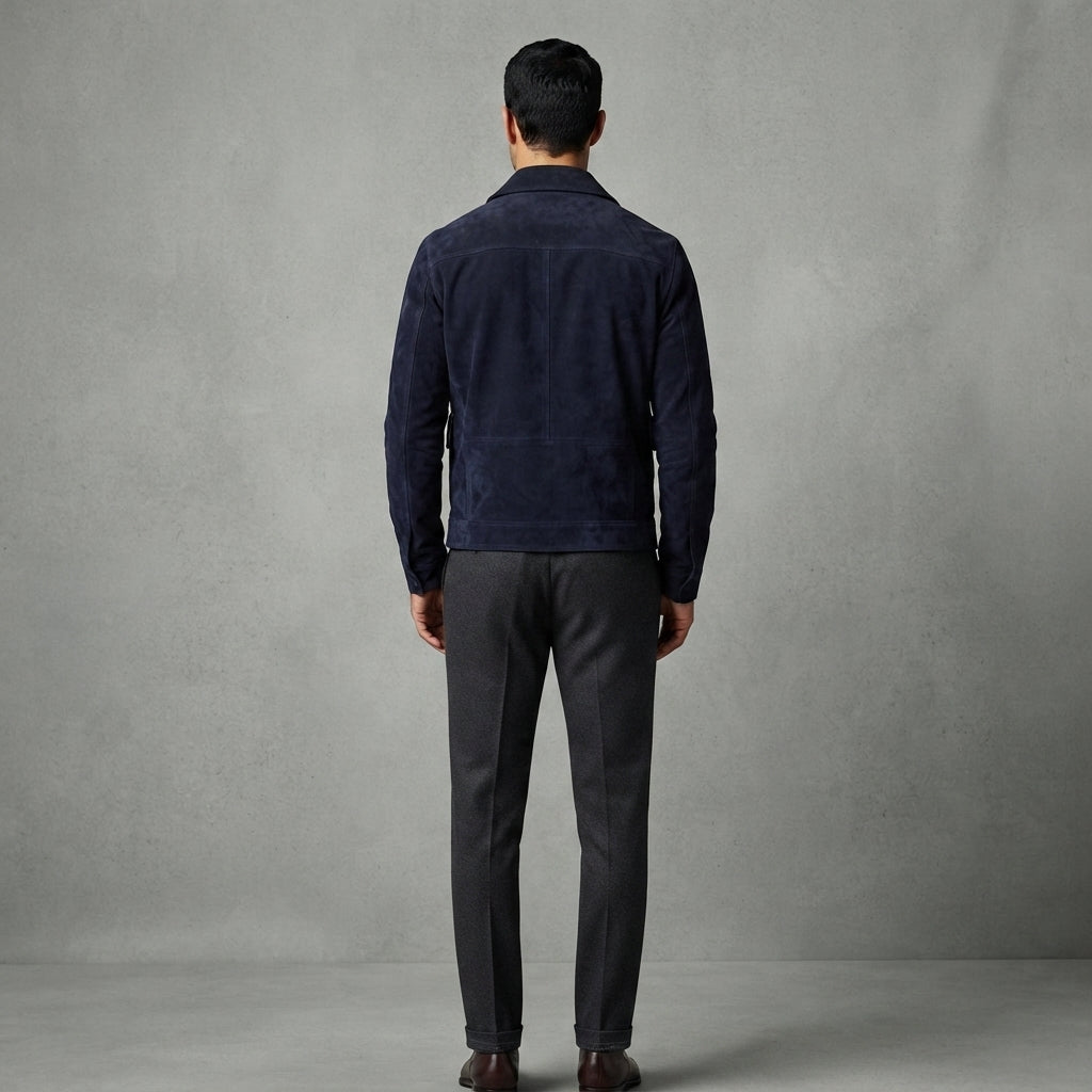 Men Navy Suede Bomber Jacket with Pocket