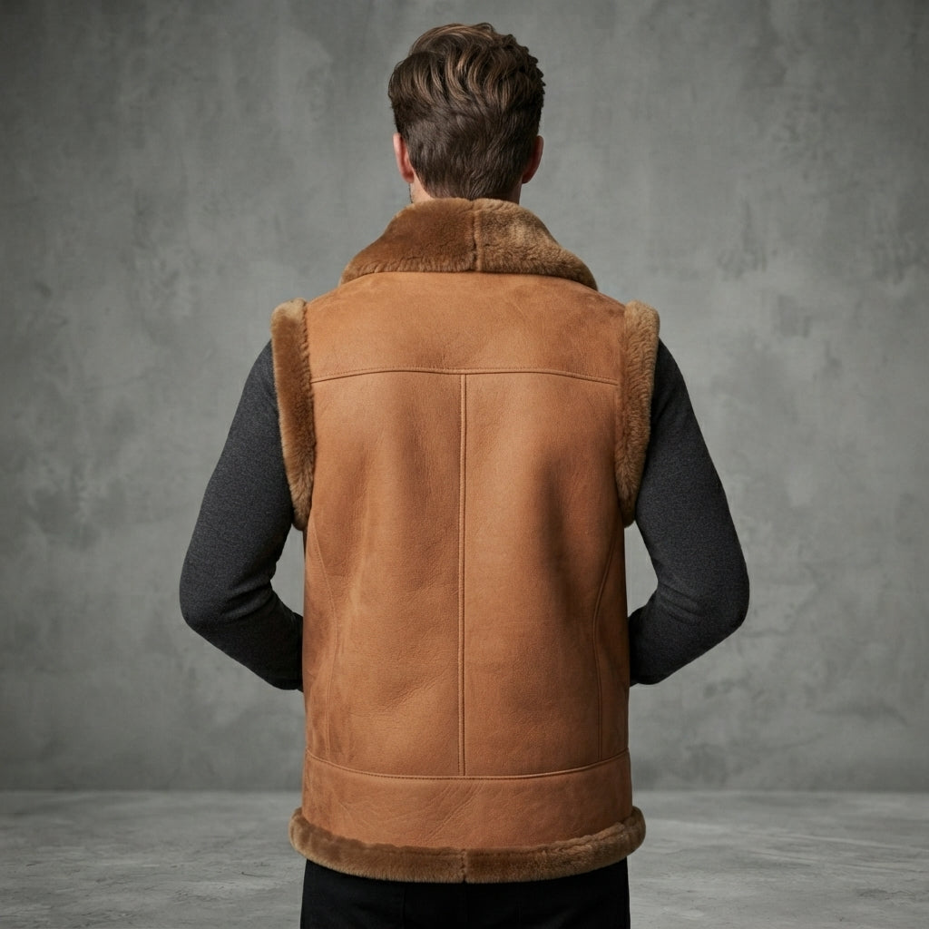 Men's Tan Brown Shearling Leather Vest - Leather Outlet