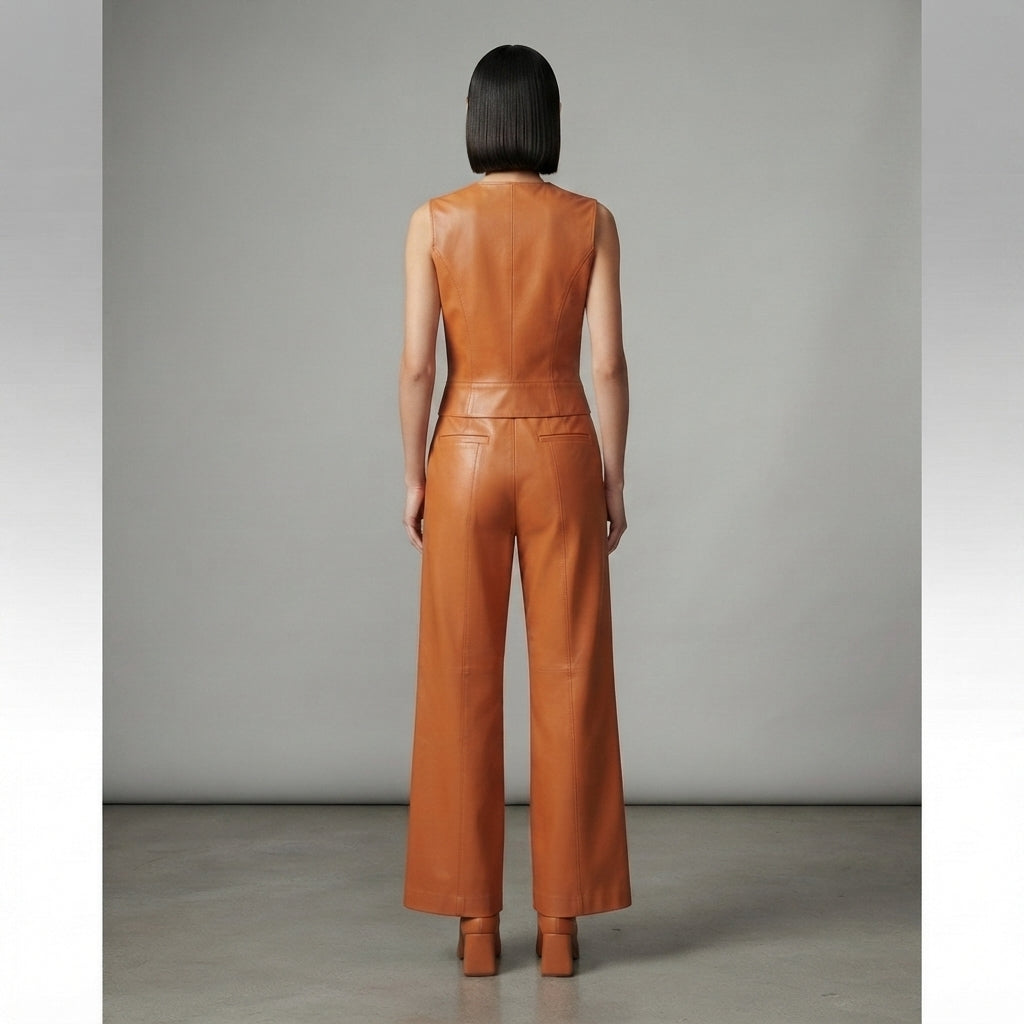 Women's Orange  Leather Jumpsuit