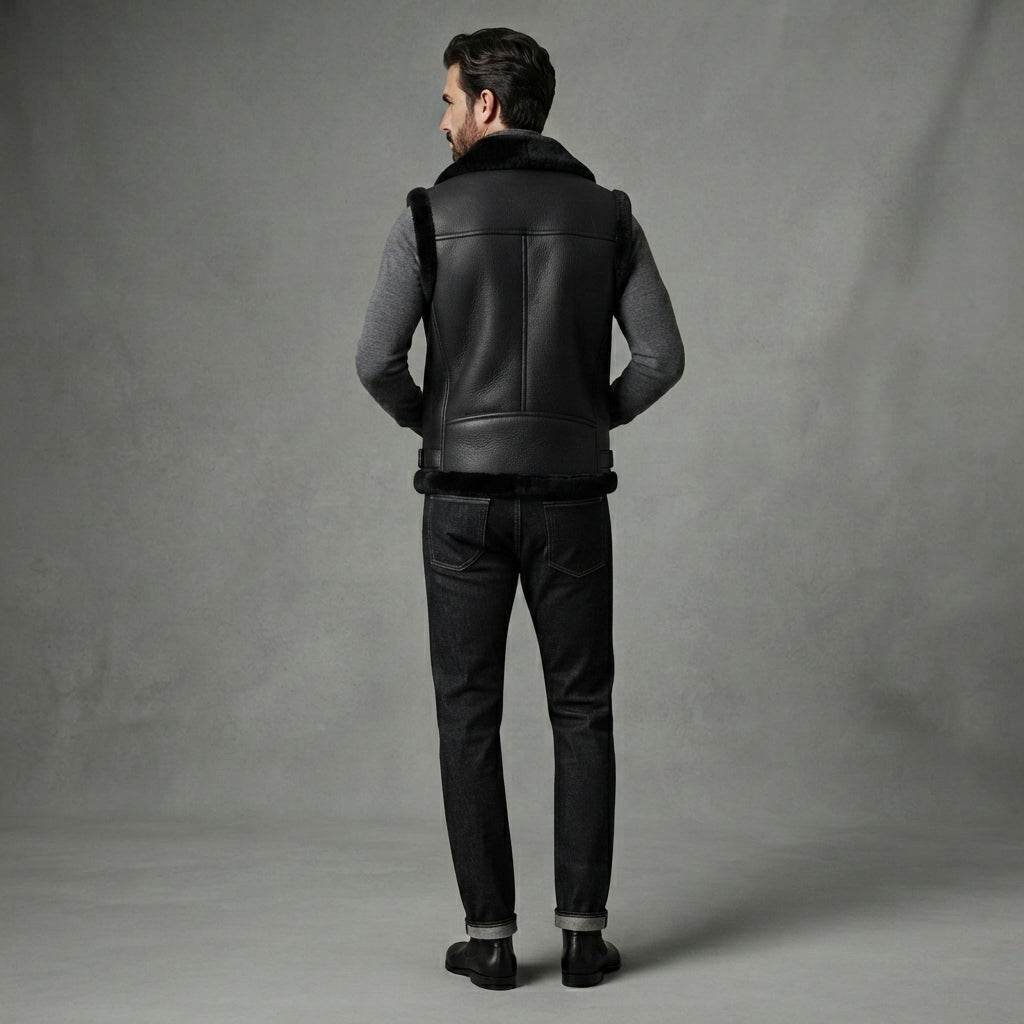 Men's Full Black Shearling Leather Vest - Leather Outlet