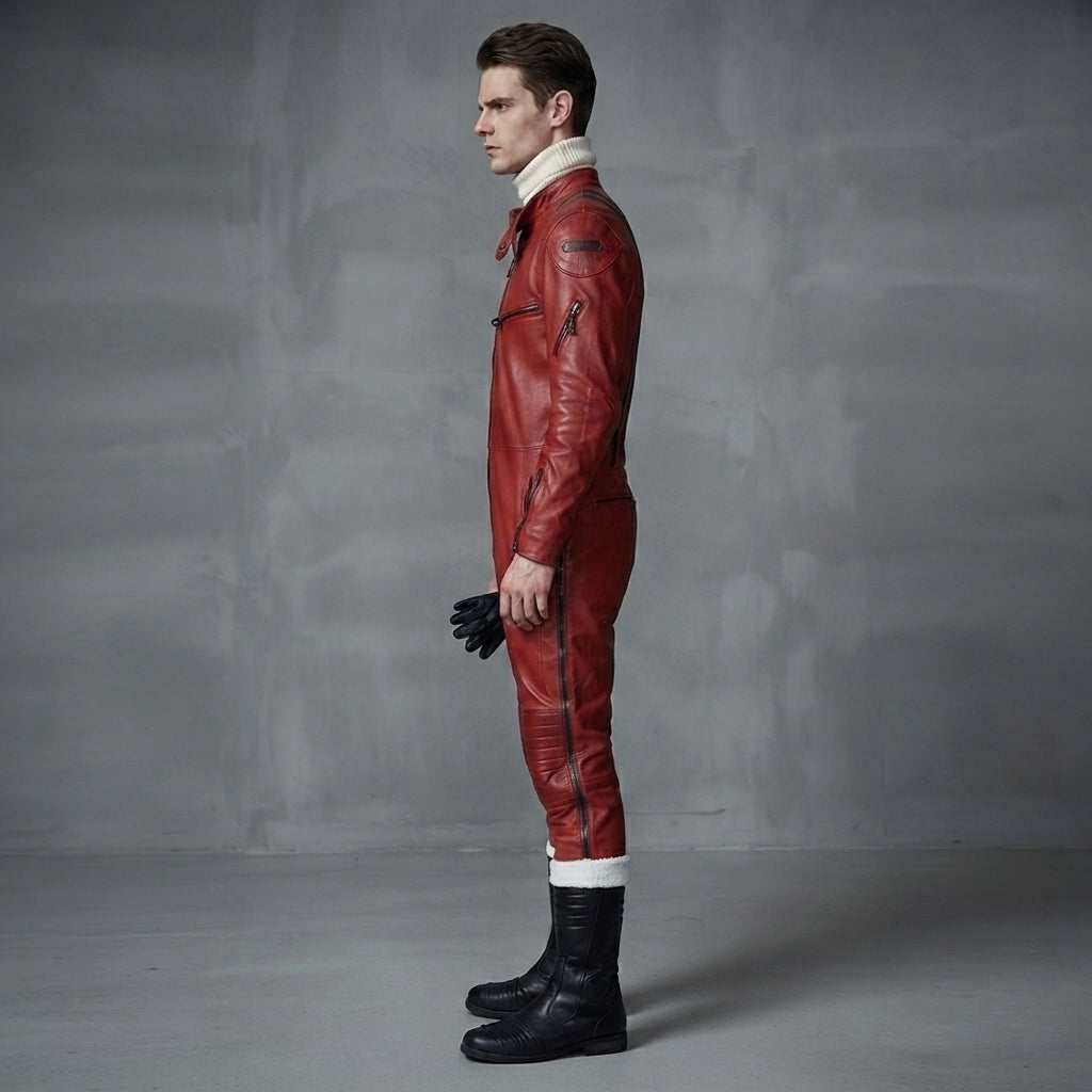 Men's Red & White Leather Jumpsuit