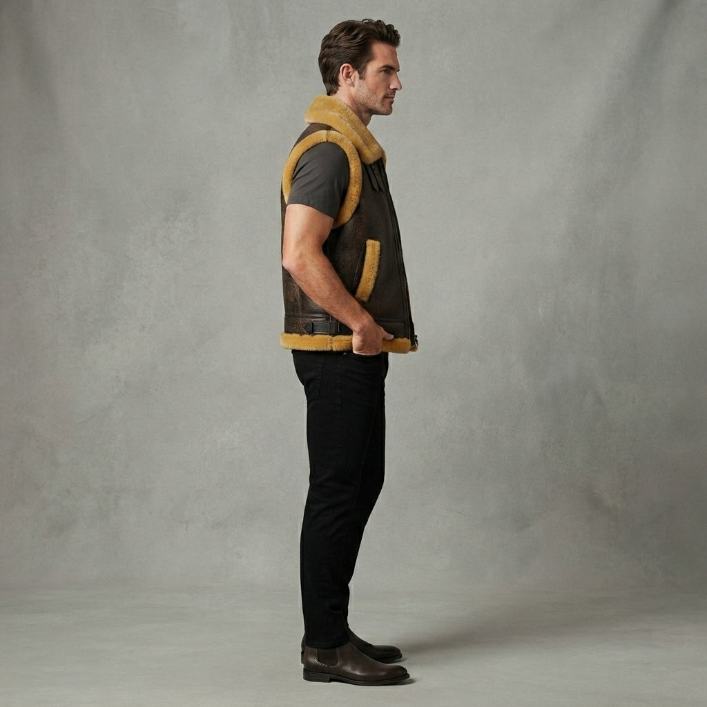 Men's Tan Beige Shearling Leather Vest - Leather Outlet