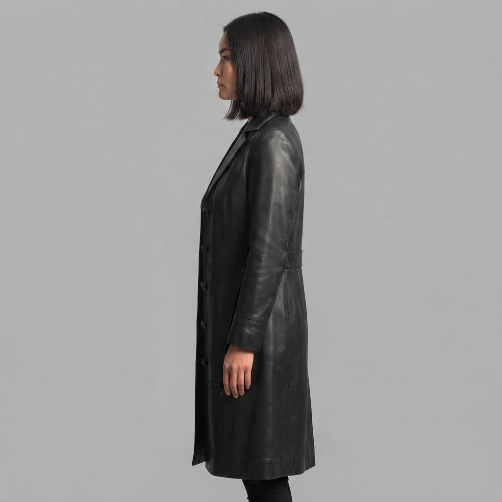Women's  Faux Black Leather Trench Coat