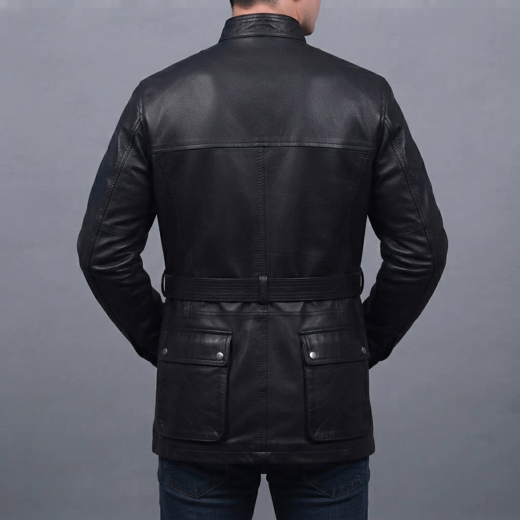 Men's Black Leather Jacket with Front Pockets