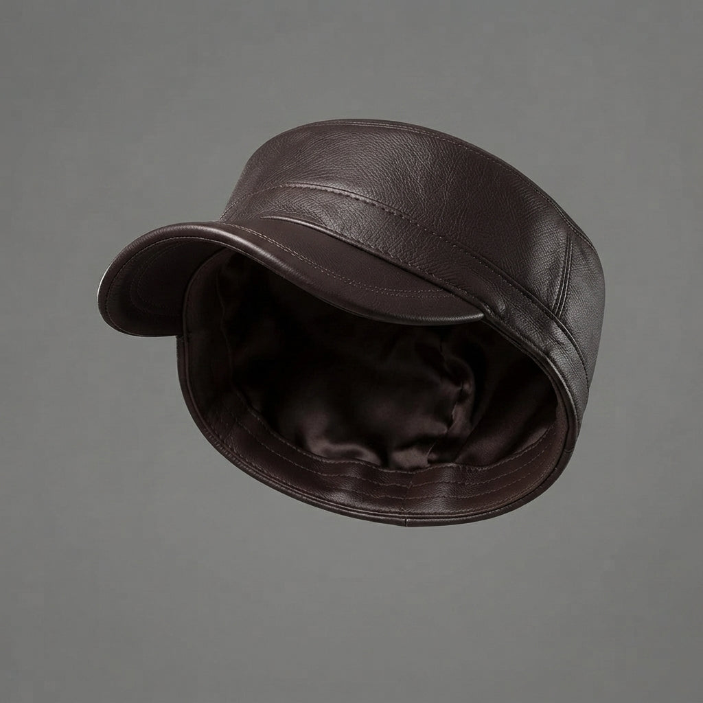 Men's Brown Genuine Leather Winter Beret Hat