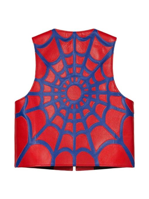 Spider web design red leather vest back panel with detailed contrast web stitching pattern
