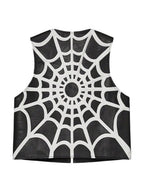 Spider web design black leather vest back panel showing detailed contrast web stitching pattern