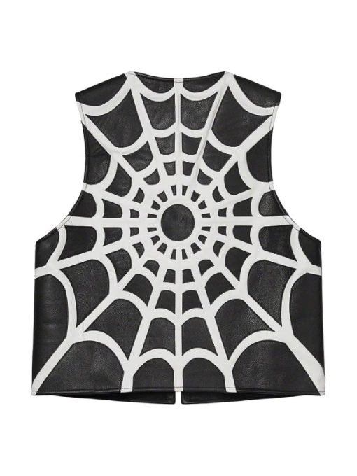 Spider web design black leather vest back panel showing detailed contrast web stitching pattern