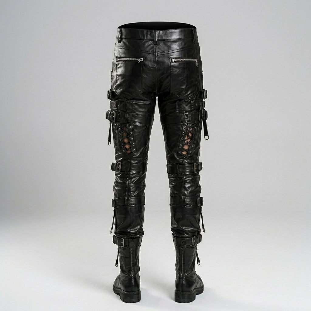 Men’s Gothic Black Sheepskin Leather Pants – Slim Fit Biker Trousers