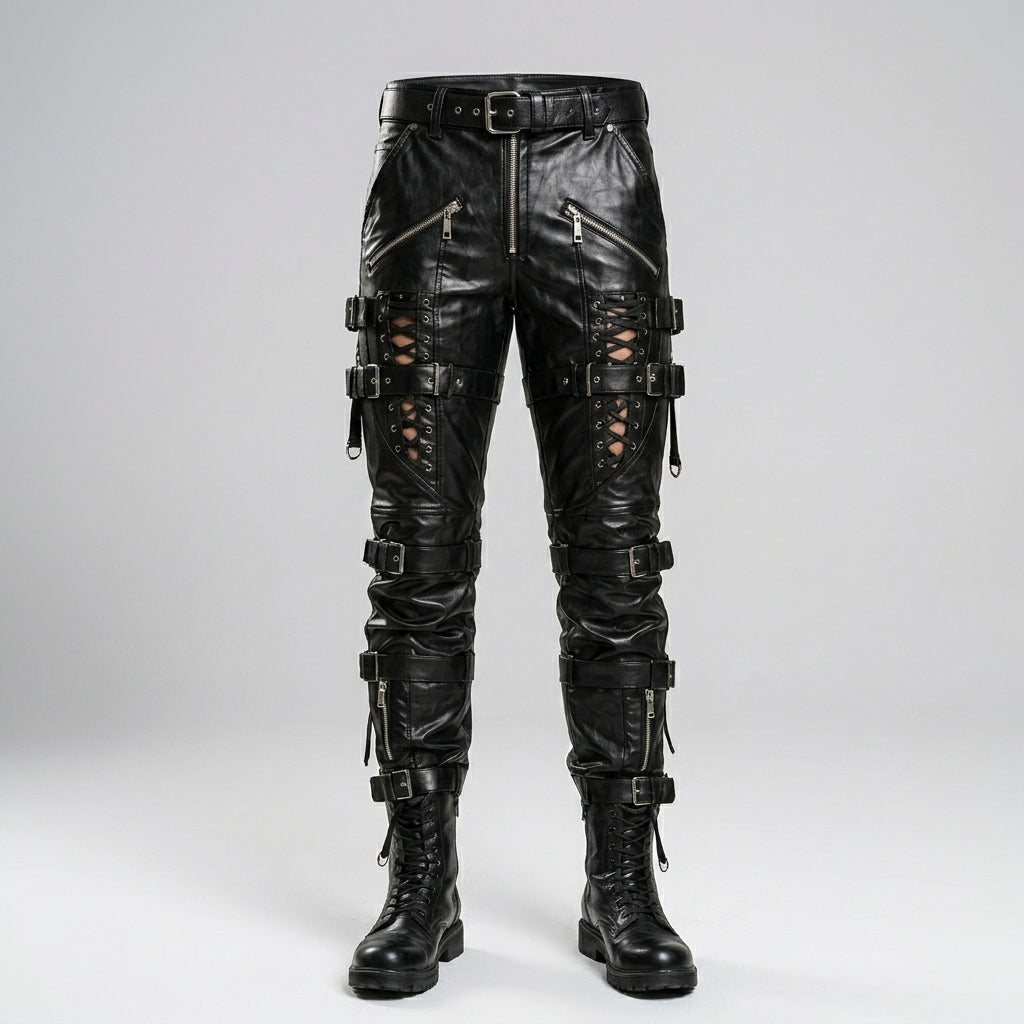 Men’s Gothic Black Sheepskin Leather Pants – Slim Fit Biker Trousers