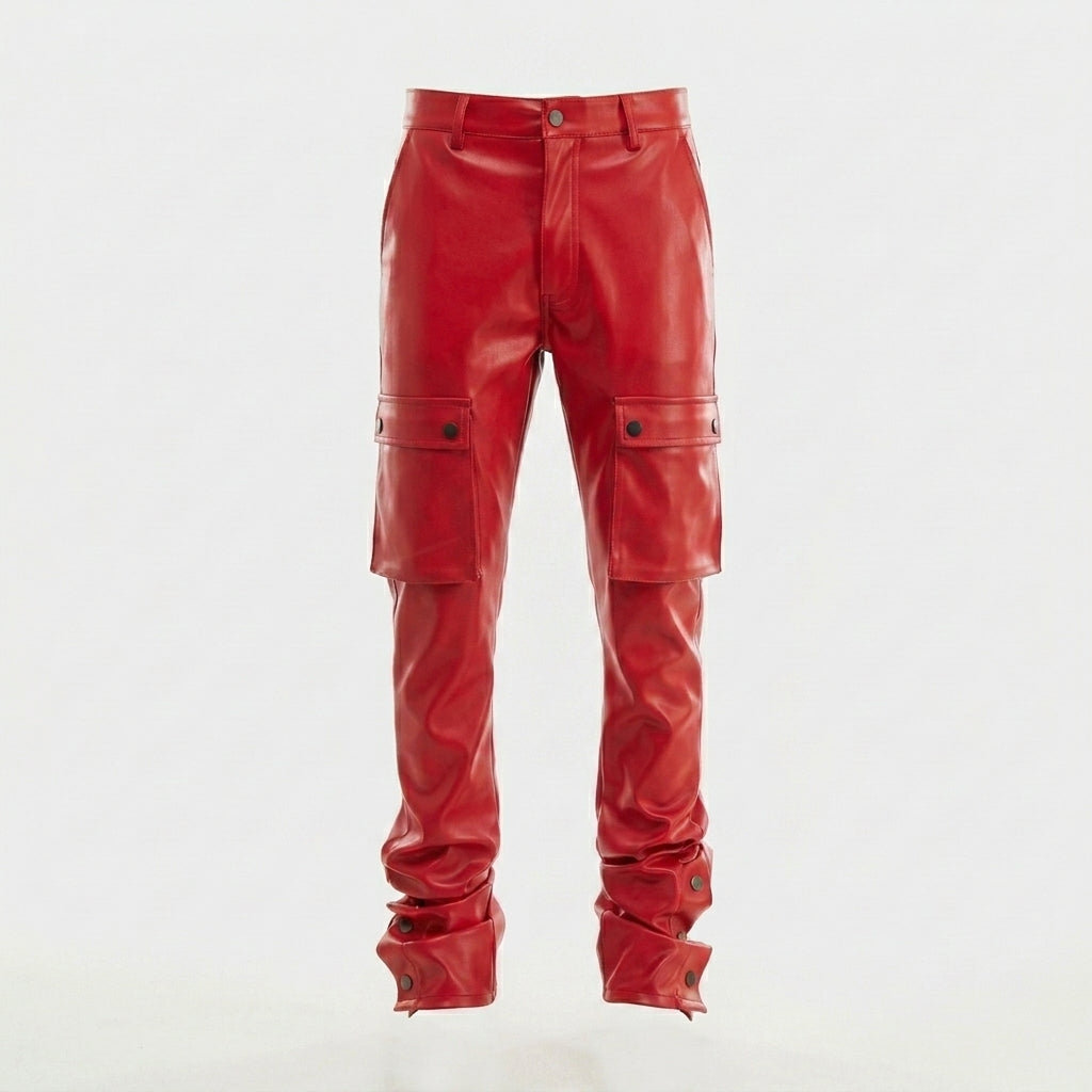 Men's Red Leather Cargo Pants – Slim Fit Biker Utility Trousers
