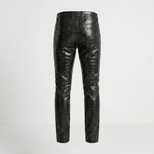 Load image into Gallery viewer, Men’s Black Crocodile Embossed Genuine Leather Biker Pants – Slim Fit Moto Trousers
