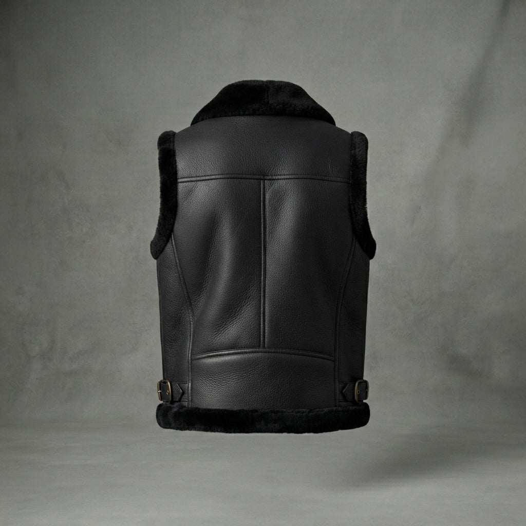 Men's Full Black Shearling Leather Vest - Leather Outlet