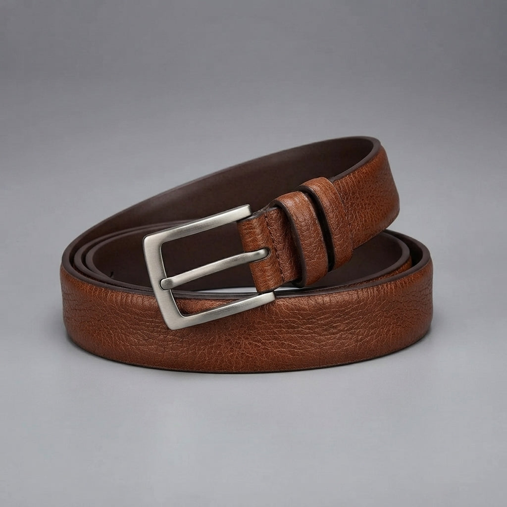 Dark Brown Leather Belt with Silver Buckle