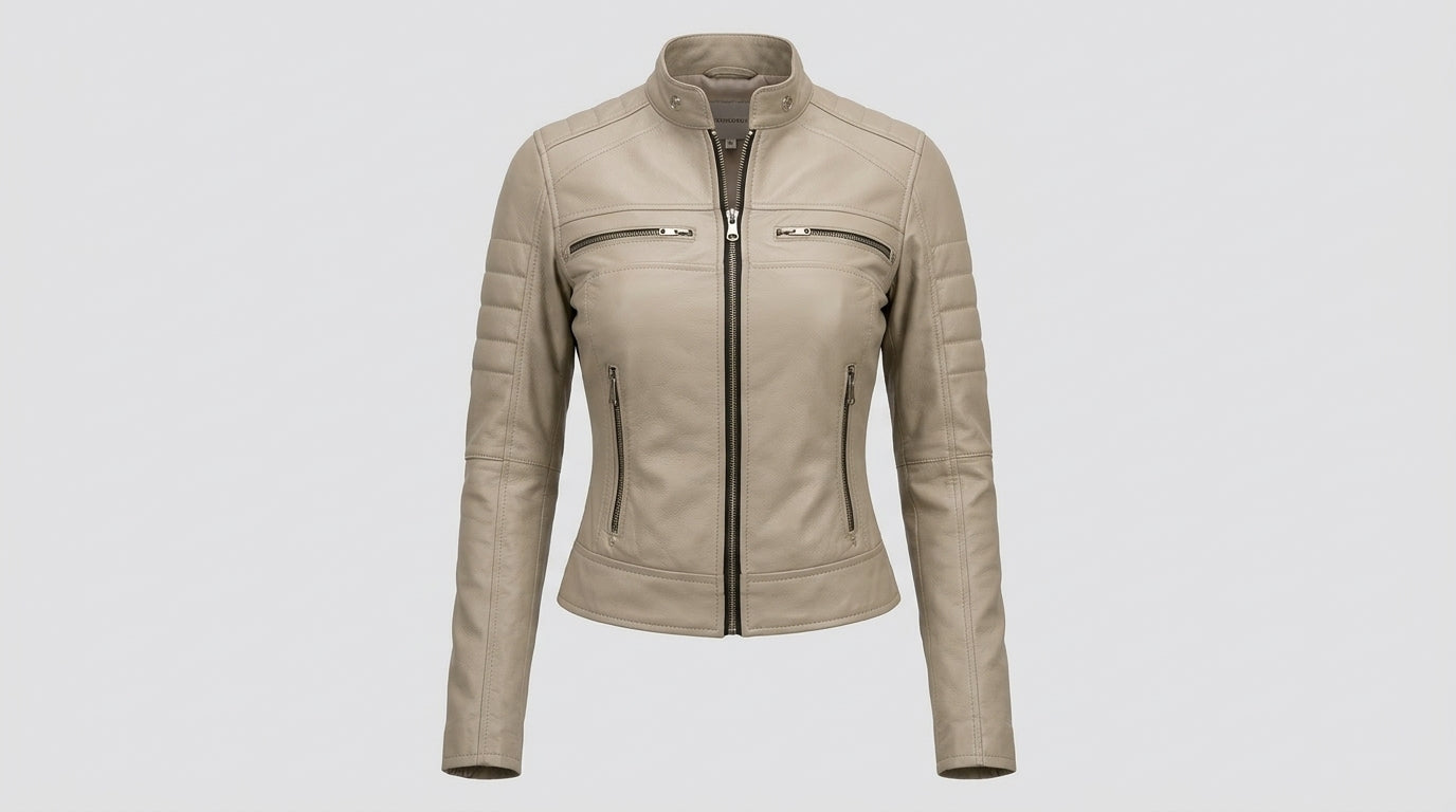 Decrum Beige Cafe Racer Lederjacke – Schmal geschnittene Bikerjacke