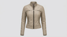 Laden Sie das Bild in den Galerie-Viewer, Decrum Beige Cafe Racer Lederjacke – Schmal geschnittene Bikerjacke
