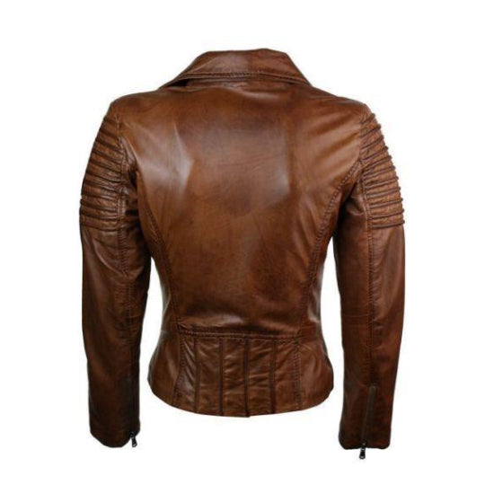 Echte Slim Fit Gewachste Braune Damen Biker-Lederjacke