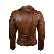 Load image into Gallery viewer, Real Slim Fit Waxed Brown Women Leather Biker Jacket
