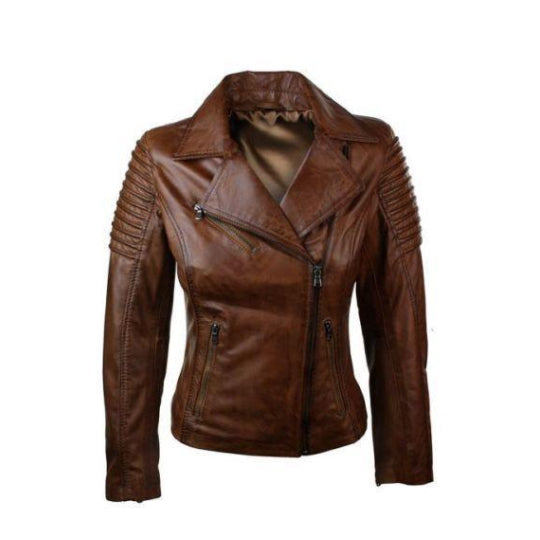 Real Slim Fit Waxed Brown Women Leather Biker Jacket