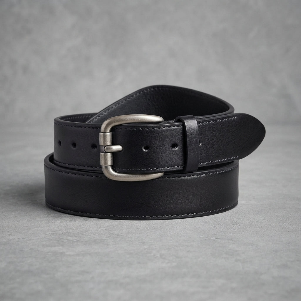 Black Leather Belt with Silver Buckle