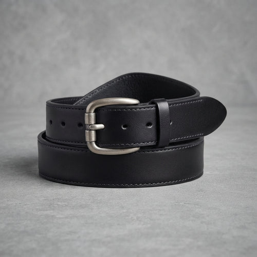Black Leather Belt with Silver Buckle - Leather Outlet