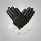 Men's Black Lambskin Leather Gloves with White Furr