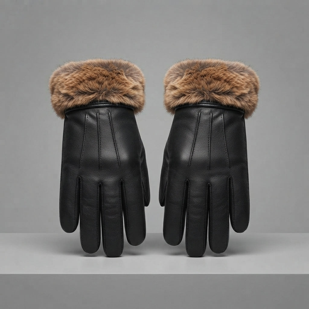 Men's Black Lambskin Leather Gloves with Brown Furr