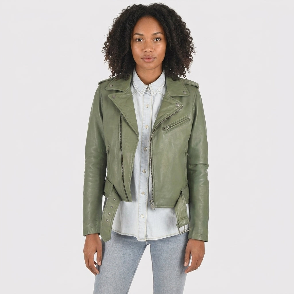 Buy Women's Green Leather Motorcycle Jacket