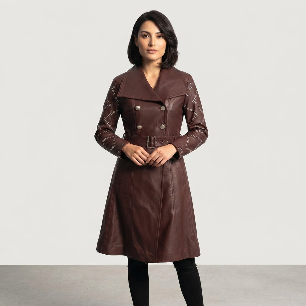 Women's  Faux Brown Leather Trench Coat
